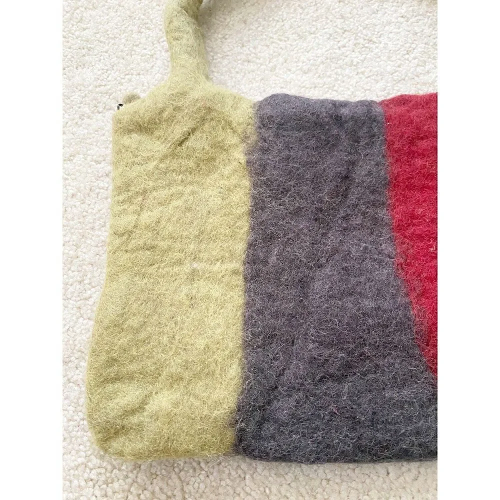 Nepal Woolen Felt Tote Handbag Green Grey Striped Lined Fall Winter Rising Tide